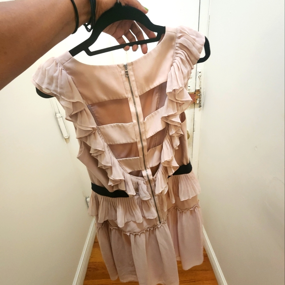 BCBG Light Blush Ruffle-Back Cutout Dress